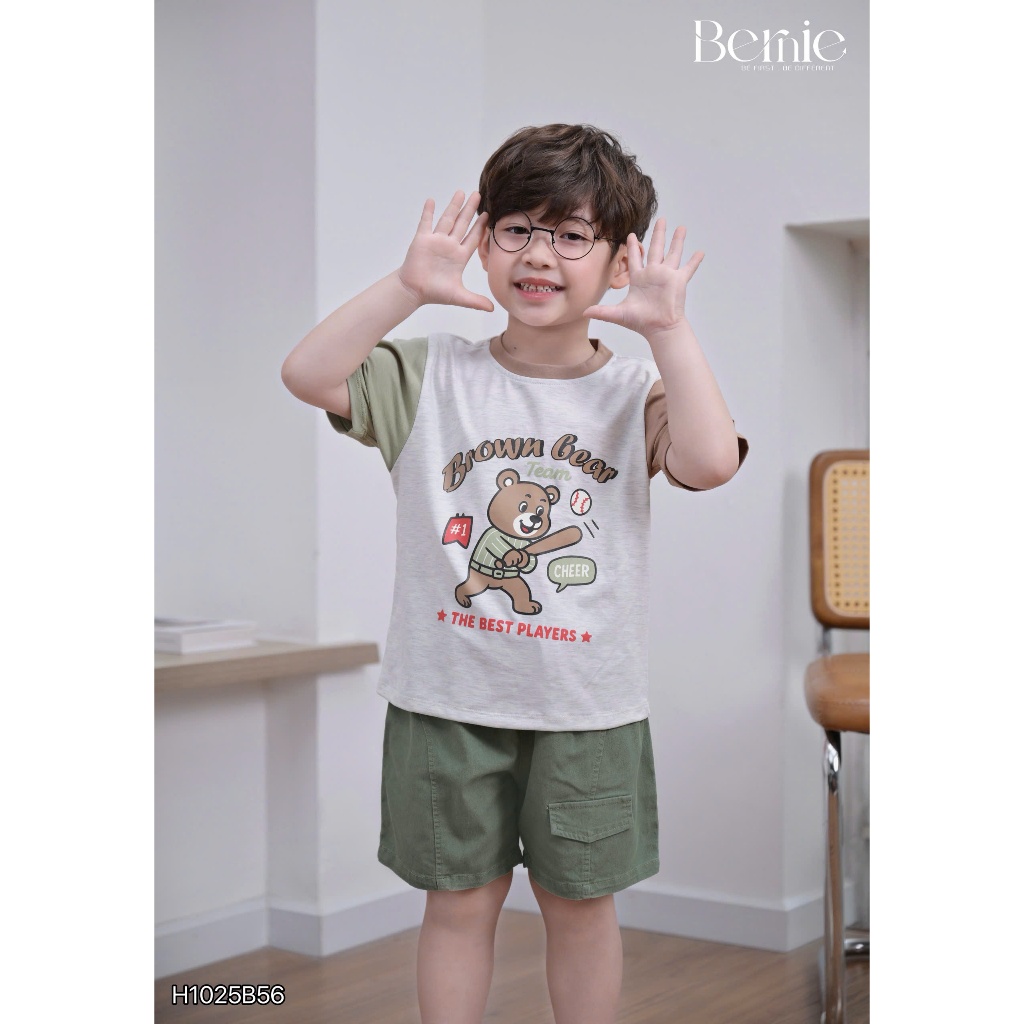 (Hãng Bernie)Bộ quần áo polo cộc tay họa tiết SÓC , GẤU ,.chất áo cotton co giãn phối quần JEAN mềm mại cho bé đi học