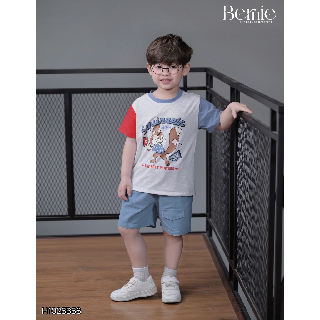 (Hãng Bernie)Bộ quần áo polo cộc tay họa tiết SÓC , GẤU ,.chất áo cotton co giãn phối quần JEAN mềm mại cho bé đi học