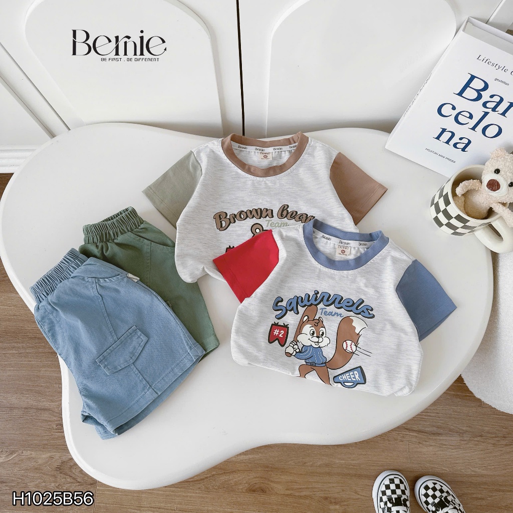 Bộ cotton tay phối in hình gấu bé trai sành điệu, bộ thun cổ tròn quần kaki fom đẹp cho bé trai
