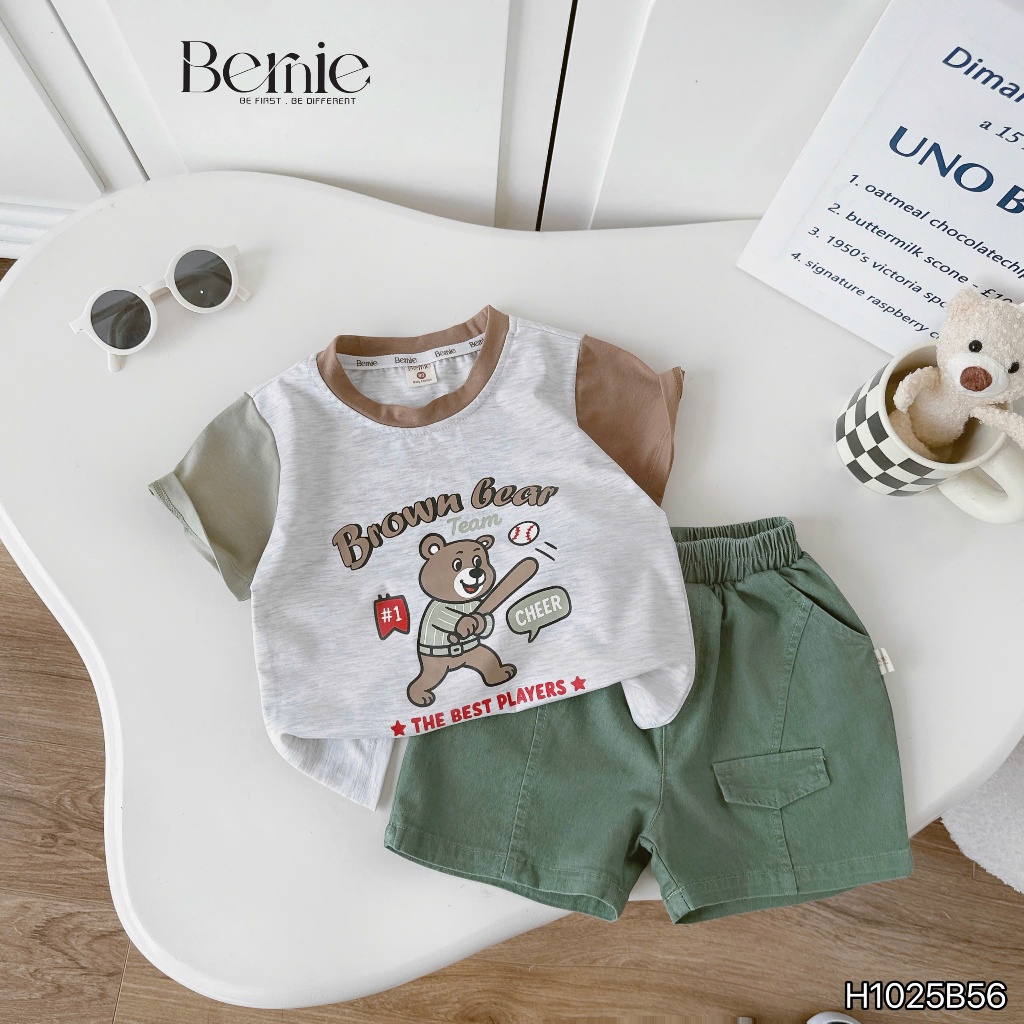 Bộ cotton tay phối in hình gấu bé trai sành điệu, bộ thun cổ tròn quần kaki fom đẹp cho bé trai