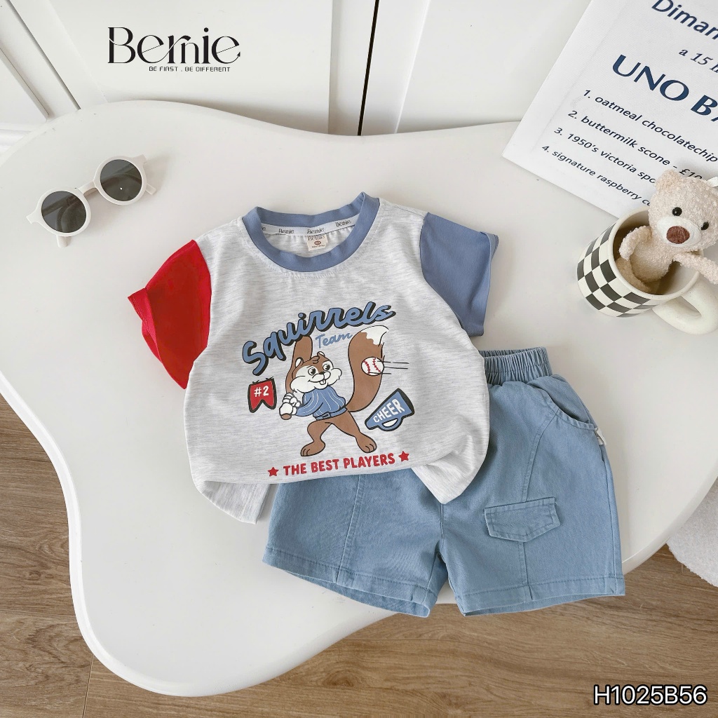 Bộ cotton tay phối in hình gấu bé trai sành điệu, bộ thun cổ tròn quần kaki fom đẹp cho bé trai