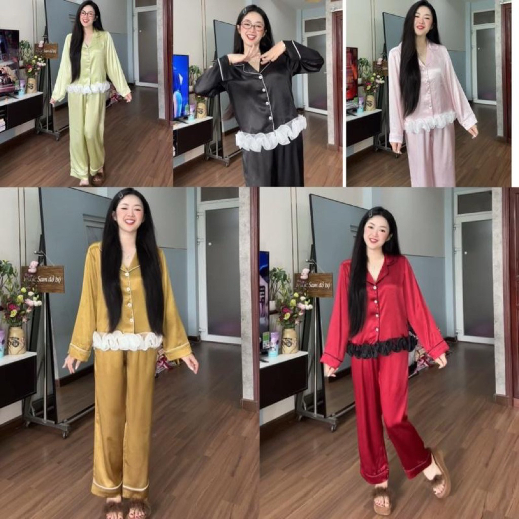 Bộ ngủ pijama chất lụa nhăn dập ly ánh nhũ viền hoa xoắn gấu áo, vải mỏng nhẹ mát