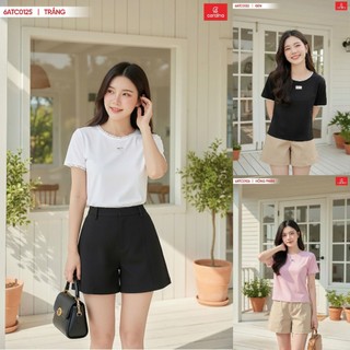 6ATC01 Áo phông nữ CARDINA kiểu dáng croptop chất cotton cộc tay cổ tròn phối ren 6ATC01
