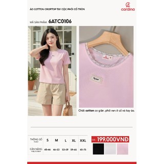 6ATC01 Áo phông nữ CARDINA kiểu dáng croptop chất cotton cộc tay cổ tròn phối ren 6ATC01