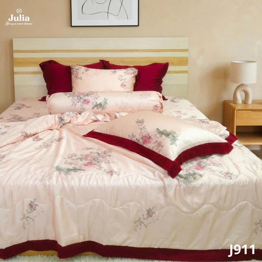 Bộ Chăn Ga Gối Lụa Tencel 100% Gỗ Sồi Cao Cấp Julia- Mềm Mịn, Mát Lạnh Màu Hồng 911