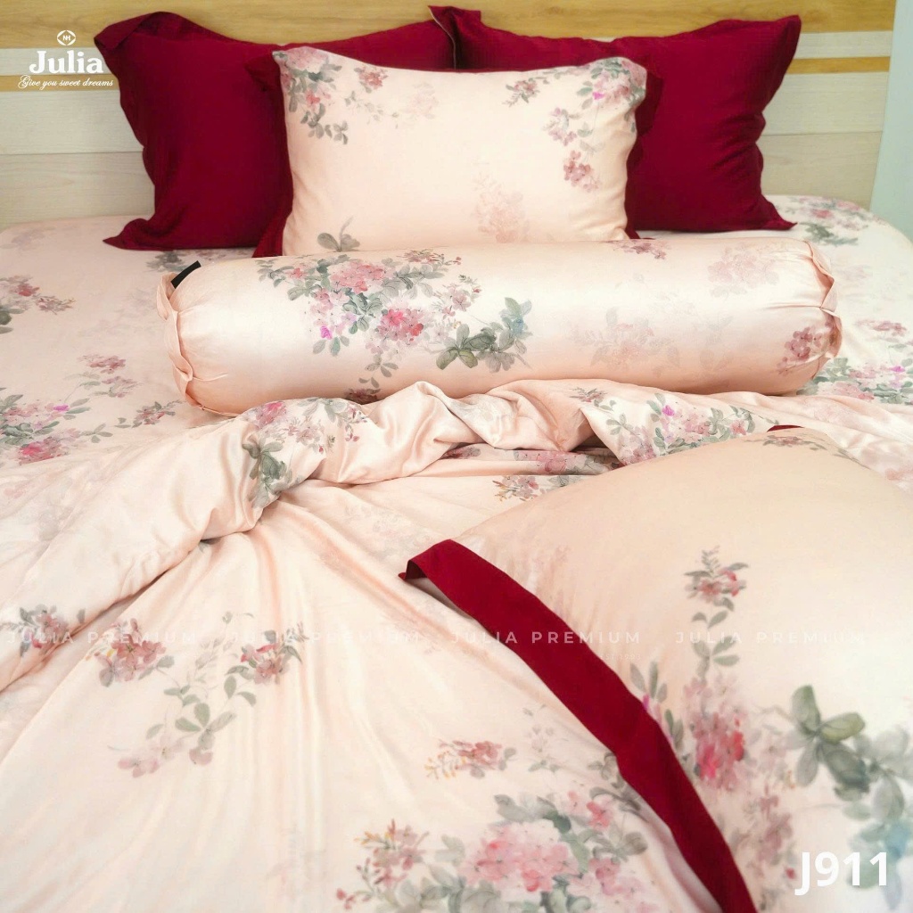 Bộ Chăn Ga Gối Lụa Tencel 100% Gỗ Sồi Cao Cấp Julia- Mềm Mịn, Mát Lạnh Màu Hồng 911