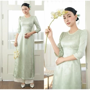 Áo Dài Nữ Cách Tân Gấm Cao Cấp Áo Dài Tay Bồng Cổ Tròn Đính Ngọc Quý Phái Cho Nữ Đi Tiệc, Đi Cưới T1491G