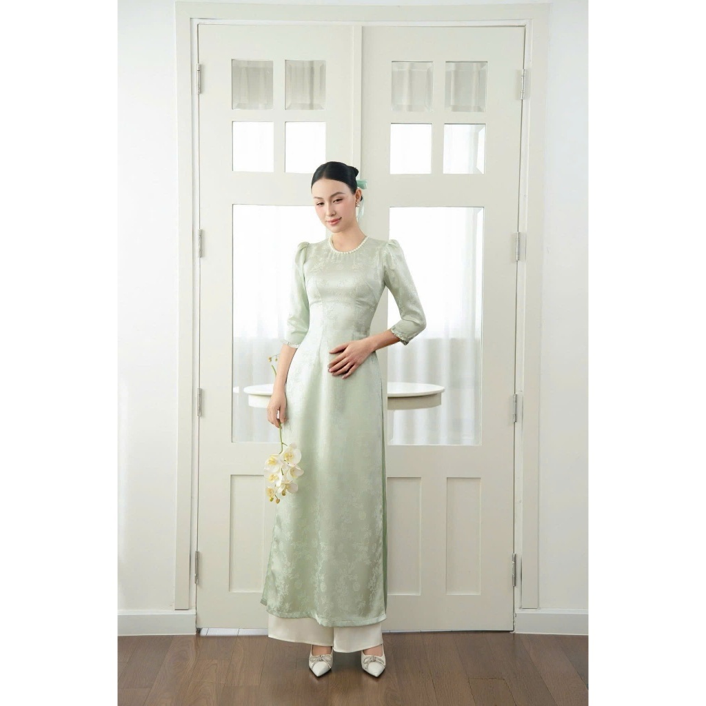 Áo Dài Nữ Cách Tân Gấm  Cao Cấp Áo Dài Tay Bồng Cổ Tròn Đính Ngọc Quý Phái Cho Nữ Đi Tiệc, Đi Cưới T1491G