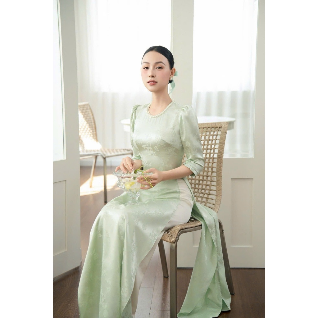 Áo Dài Nữ Cách Tân Gấm  Cao Cấp Áo Dài Tay Bồng Cổ Tròn Đính Ngọc Quý Phái Cho Nữ Đi Tiệc, Đi Cưới T1491G