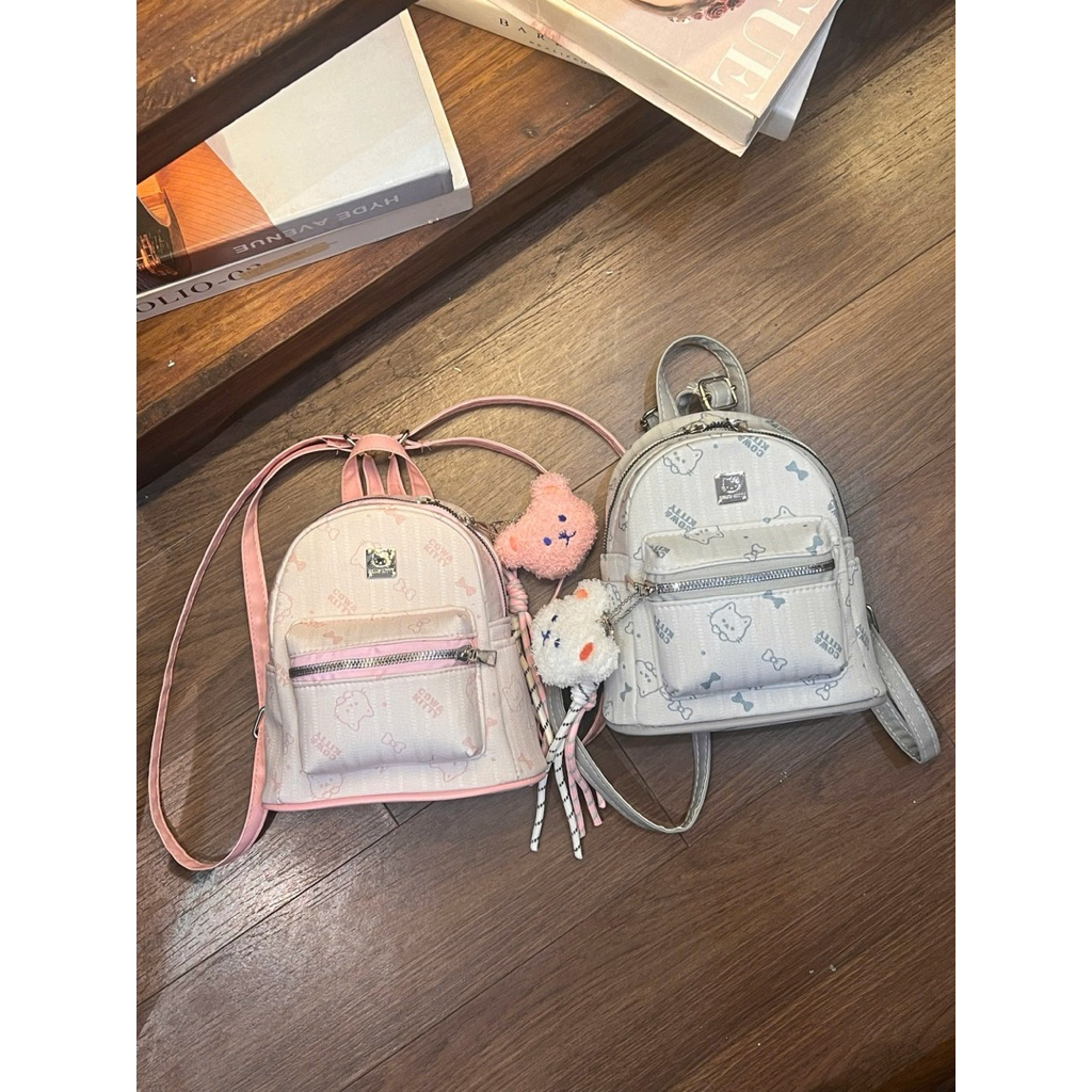 Balo Mini Hello Kitty Hồng/Xám Siêu Xinh – Balo Nữ Dễ Thương Kèm Charm Bông, Nhỏ Gọn Đựng Điện Thoại Ví Tiền - B1612