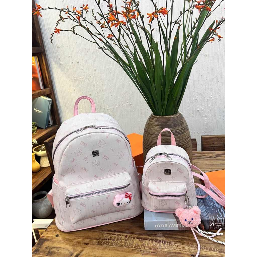 Balo Mini Hello Kitty Hồng/Xám Siêu Xinh – Balo Nữ Dễ Thương Kèm Charm Bông, Nhỏ Gọn Đựng Điện Thoại Ví Tiền - B1612