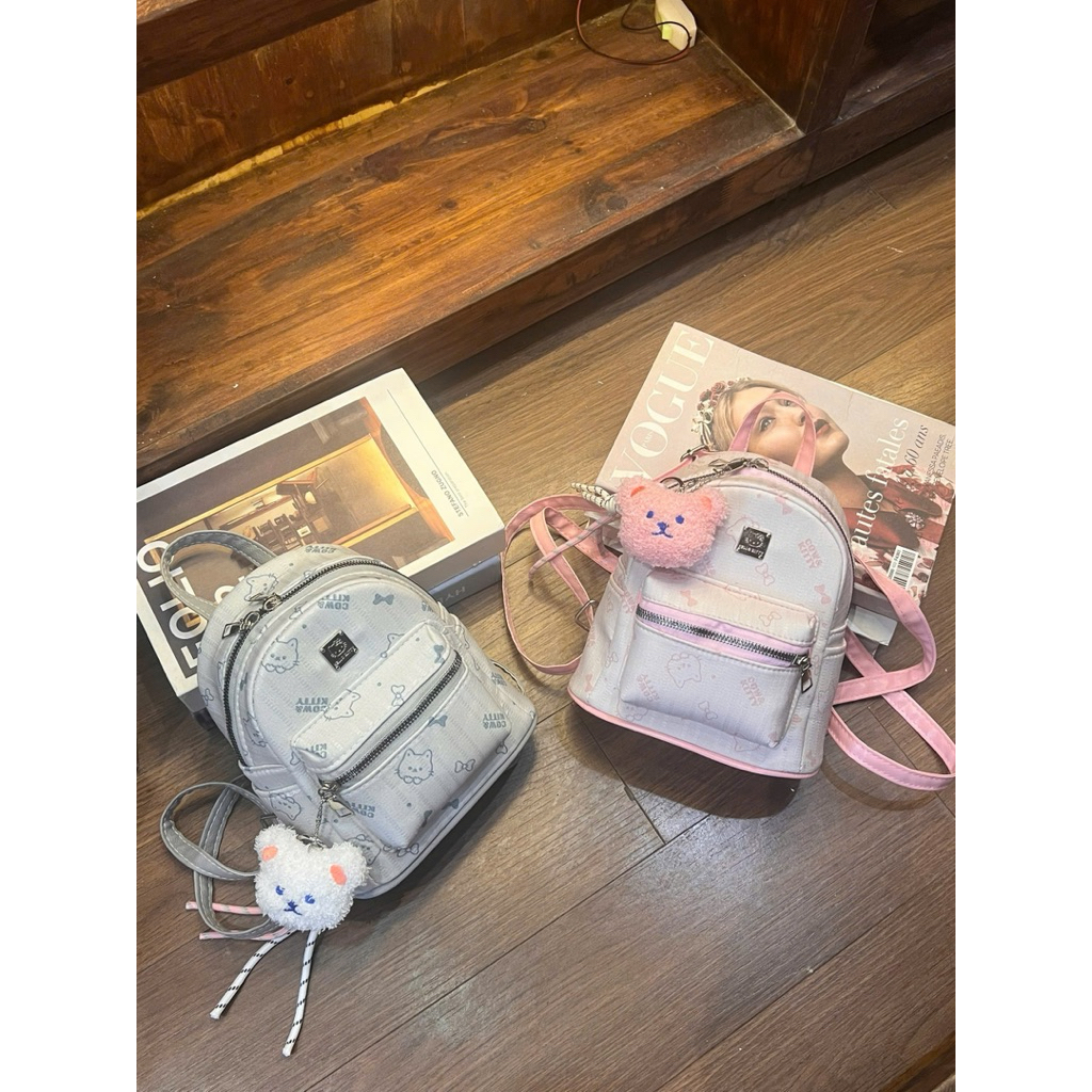 Balo Mini Hello Kitty Hồng/Xám Siêu Xinh – Balo Nữ Dễ Thương Kèm Charm Bông, Nhỏ Gọn Đựng Điện Thoại Ví Tiền - B1612