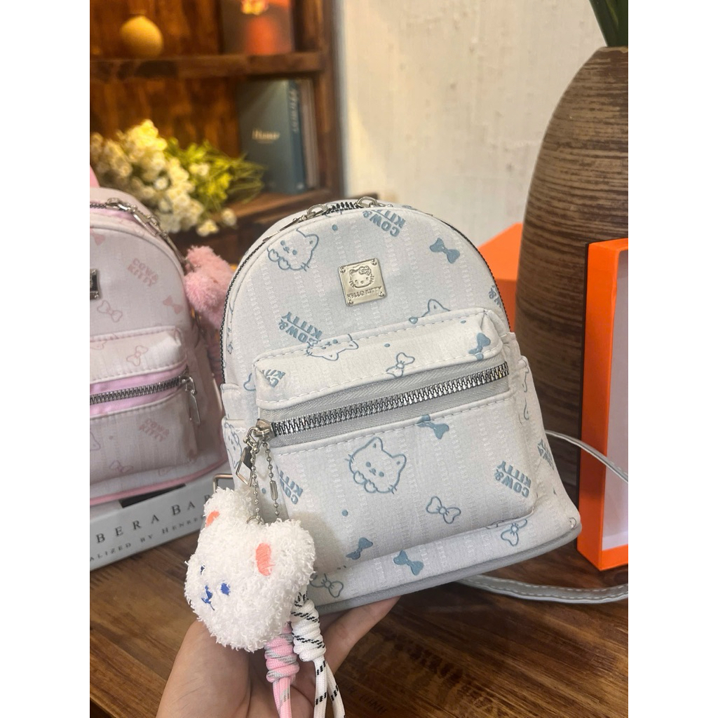 Balo mini hello kitty 2 màu hồng - xám siêu xinh - kèm móc gấu - B1612