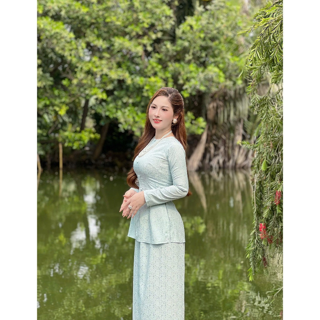 Hân Nguyễn Áo Bà Ba - B.A176 - Bộ Gấm Dệt Hoa Cúc Cao Cấp Nút Bọc Cổ Tròn Dây Kéo Tay Dài