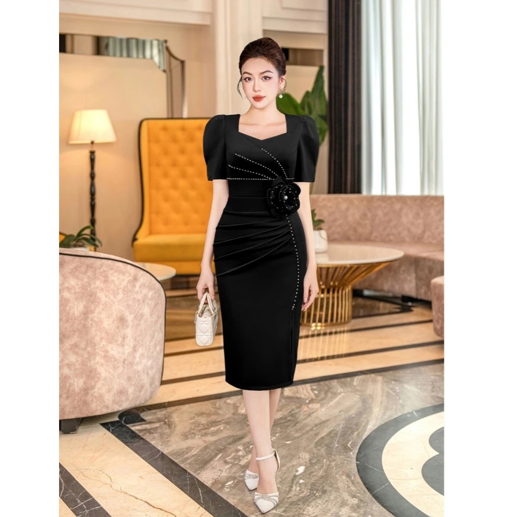 Váy Dự Tiệc Trung Niên Bigsize - Đầm Dự Tiệc Đi Ăn Cưới Thiết Kế Sang Trọng Cổ Vuông Pha Lê Bông Eo TK20