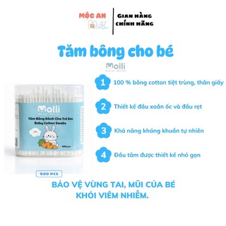 Tăm Bông Trẻ Em Cao Cấp đầu Bông Mềm Mại Thân Giấy Tự Nhiên Tiết Kiệm Hộp 400PCS MOL 3007