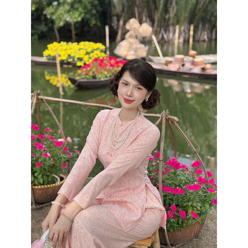 B.a176 Bộ GấM DệT HoA CúC CaO CấpP NúT BọC Cổ TròN DâY KéO TaY DàI