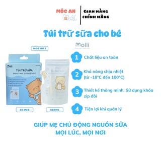 Túi Trữ Sữa MOLLI 250ml Dung Tích Lớn Siêu Tiết Kiệm Đã Tiệt Trùng Vô Trùng Hộp 30 Cái MOL 3012