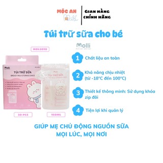 Túi Trữ Sữa Mẹ MOLLI 150ml Khóa Zip Kép Chống Trào Thiết Kế Tự Đứng Tiện Lợi Hộp 30 Cái MOL 3010