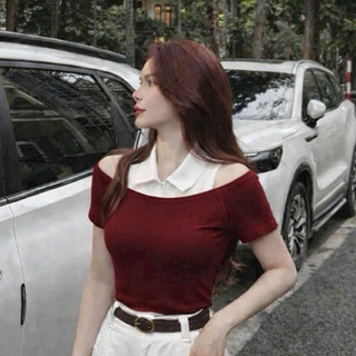 Set áo layer Áo Ba lỗ Cổ Sơ Mi Phối Trễ Vai Tinh Tế Xinh Xắn