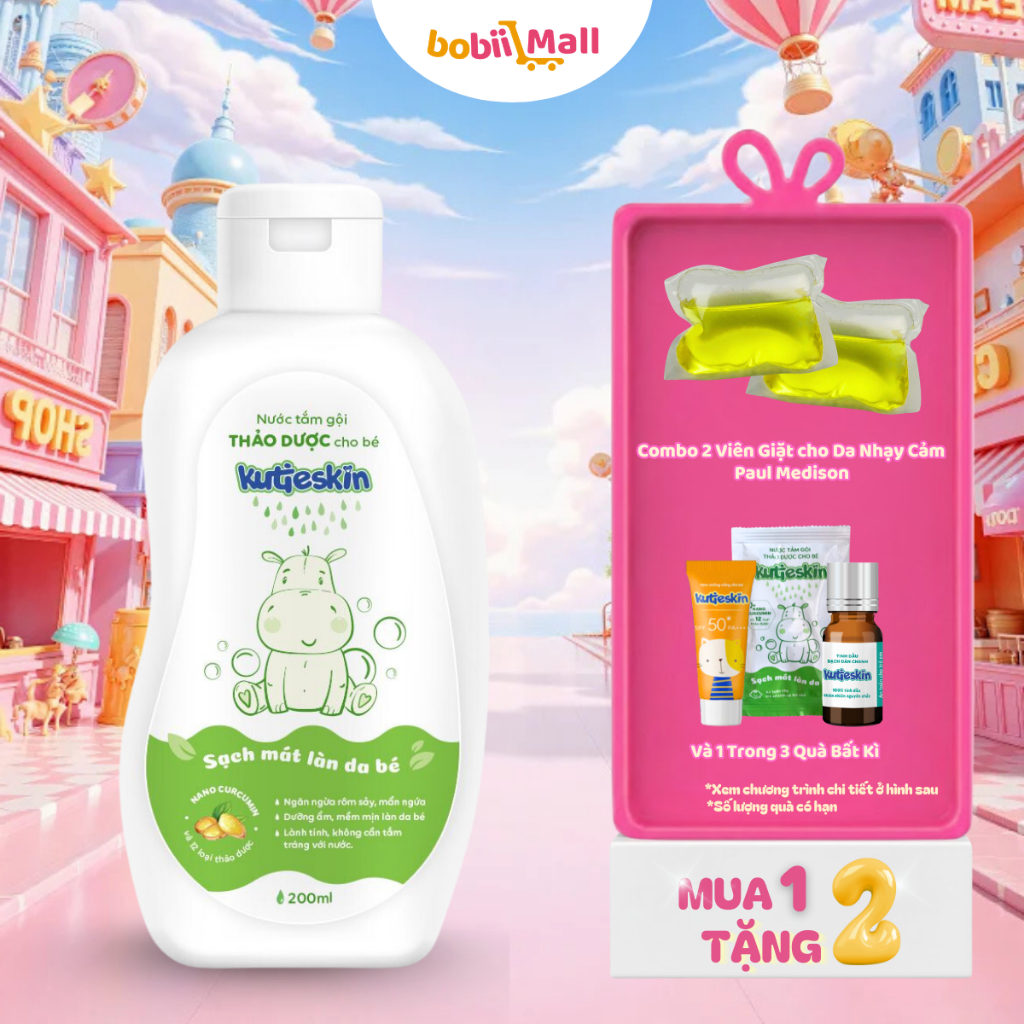 [✨MUA 1 TẶNG 2 QUÀ] Nước Tắm Gội Thảo Dược Cho Bé Kutieskin 200ml Hỗ Trợ Rôm Sảy Hăm Da Chàm Sữa