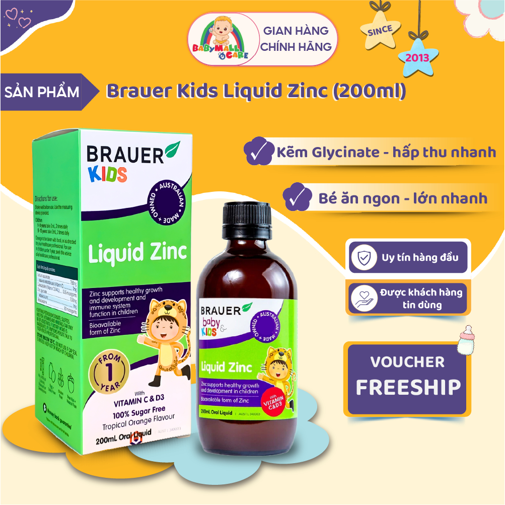Siro Kẽm Glycinate Brauer Kids Liquid Zinc 200ml Hấp Thu Tốt Cho Bé Từ 1 Tuổi | Babymall & Care