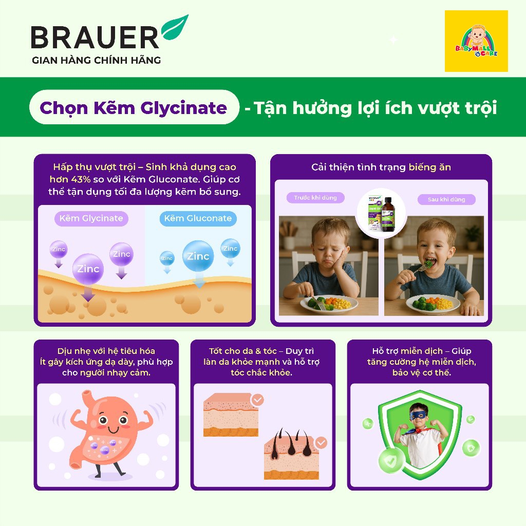 Siro Kẽm Glycinate Brauer Kids Liquid Zinc 200ml Hấp Thu Tốt Cho Bé Từ 1 Tuổi | Babymall & Care