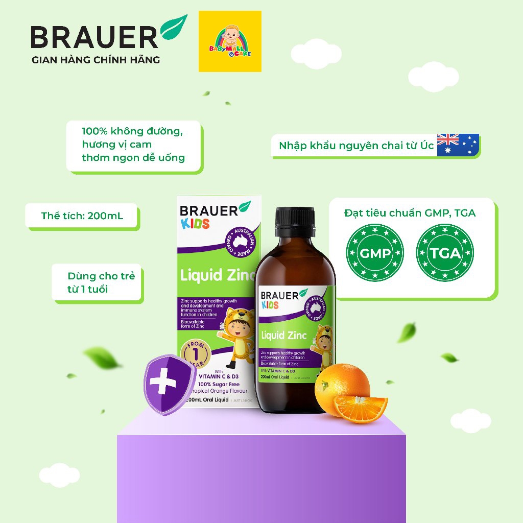 Siro Kẽm Glycinate Brauer Kids Liquid Zinc 200ml Hấp Thu Tốt Cho Bé Từ 1 Tuổi | Babymall & Care