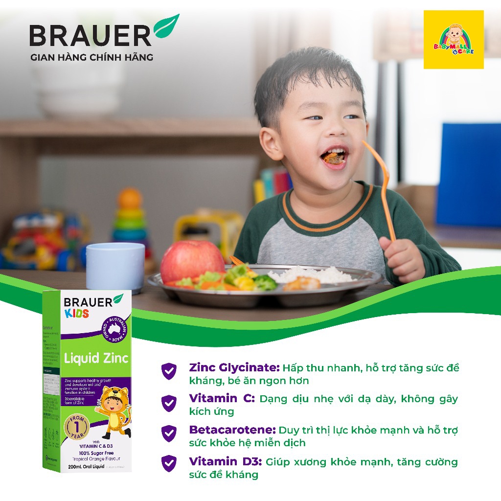 Siro Kẽm Glycinate Brauer Kids Liquid Zinc 200ml Hấp Thu Tốt Cho Bé Từ 1 Tuổi | Babymall & Care