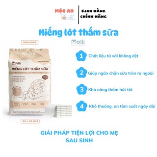 Miếng Lót Thấm Sữa MOLLI Hộp Lớn Siêu Tiết Kiệm Tự Dính Chống Trượt Bề Mặt Êm Ái Túi 100PCS MOL 3014