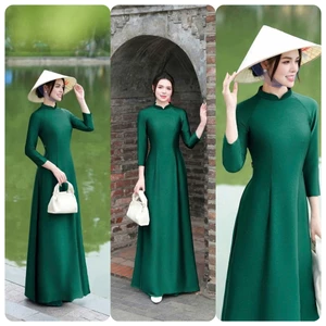 Áo Dài Nữ Lụa Vân Cao Cấp Màu Xanh Lục Bảo Thiết Kế Cổ Tàu Truyền Thống Sang Trọng Dự Tiệc, Lễ TếtT1498G