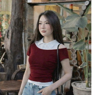 Set áo layer Áo Ba lỗ Cổ Sơ Mi Phối Trễ Vai Tinh Tế Xinh Xắn