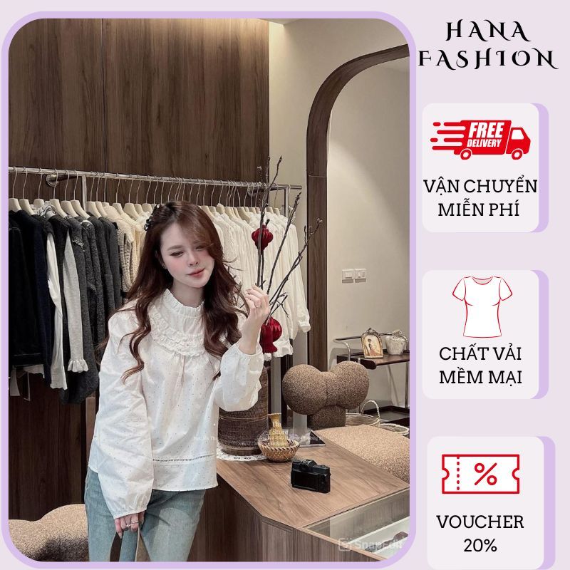 Áo sơ mi nữ Hana HCOM27088,Áo nữ dài tay phong cách Hàn Quốc cổ bánh bèo dễ phối đồ