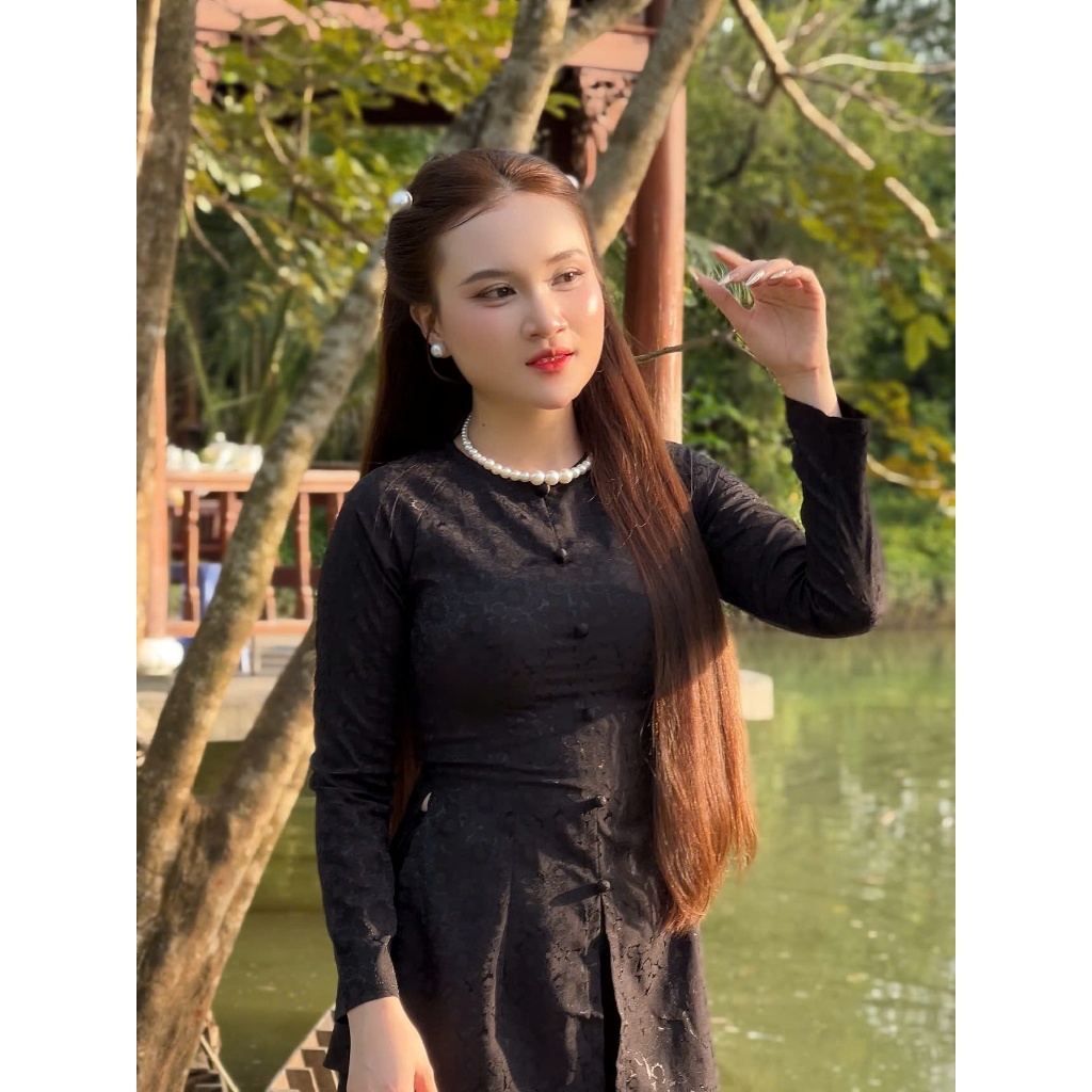 B.A176-ÁO BÀ BA GẤM DỆT HOA CÚC CAO CẤP NÚT BỌC CỔ TRÒN DÂY KÉO TAY DÀI QUẦN NGỌC TRAI