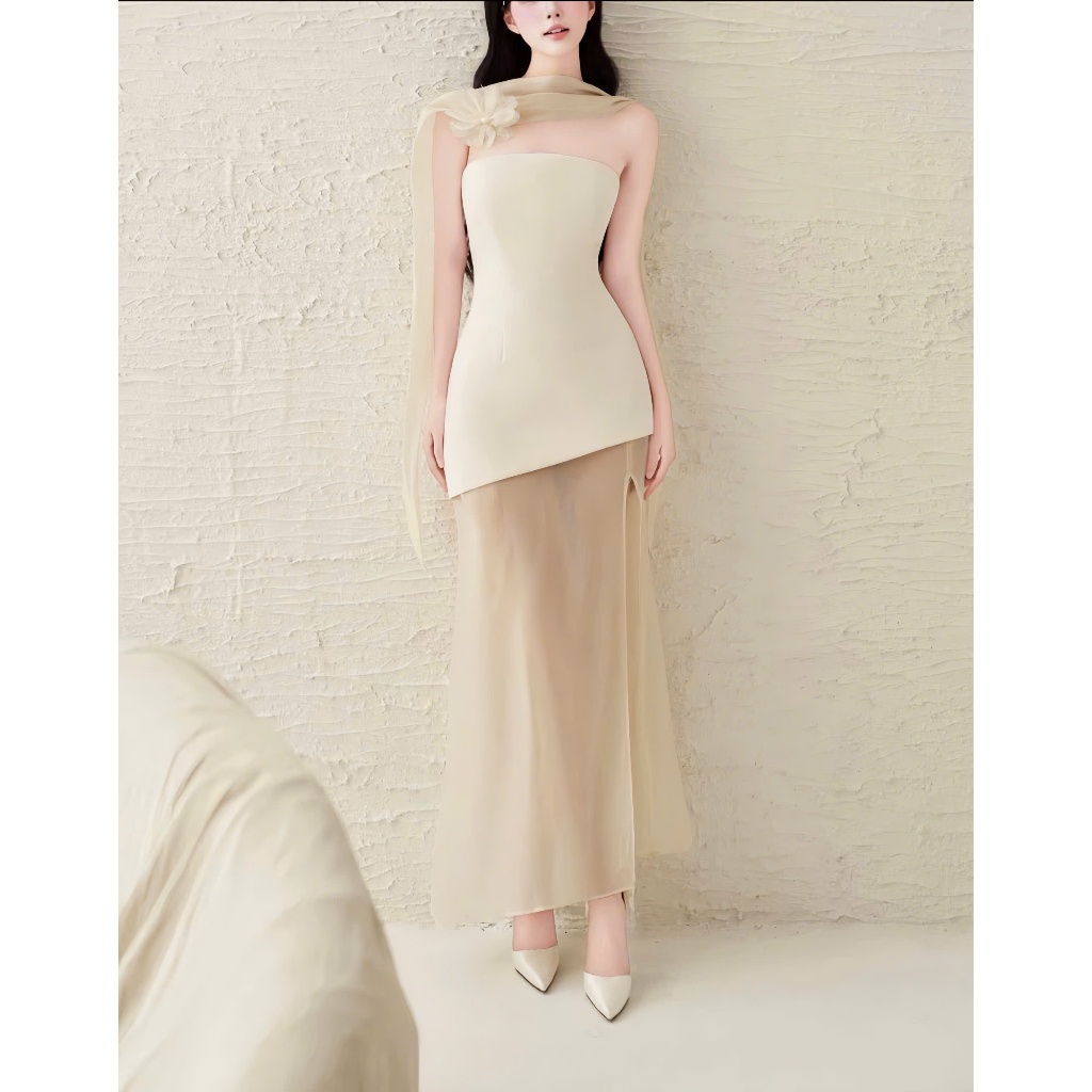 LASY Thời Trang Nữ| Đầm Dự Tiệc Cúp Ngực Phối Voan Kèm Choàng Cổ Đính Hoa