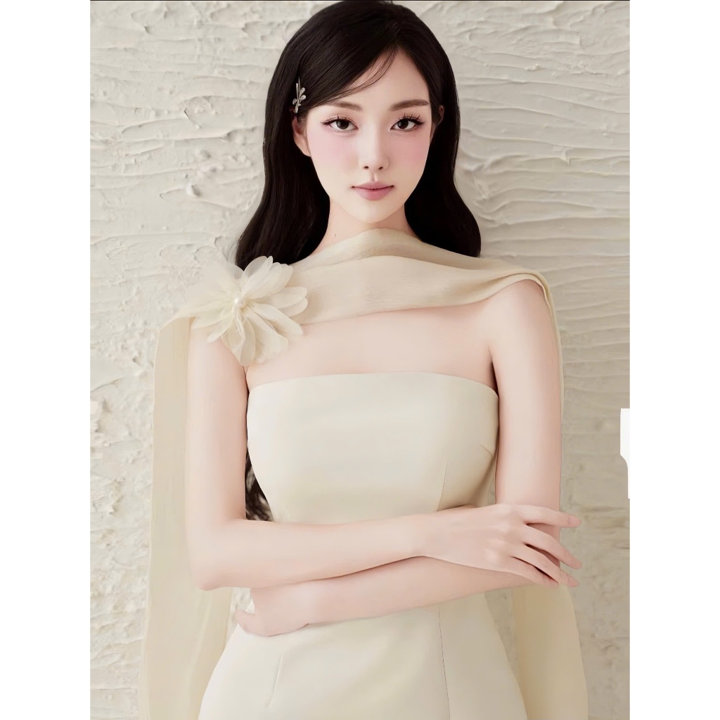 LASY Thời Trang Nữ| Đầm Dự Tiệc Cúp Ngực Phối Voan Kèm Choàng Cổ Đính Hoa