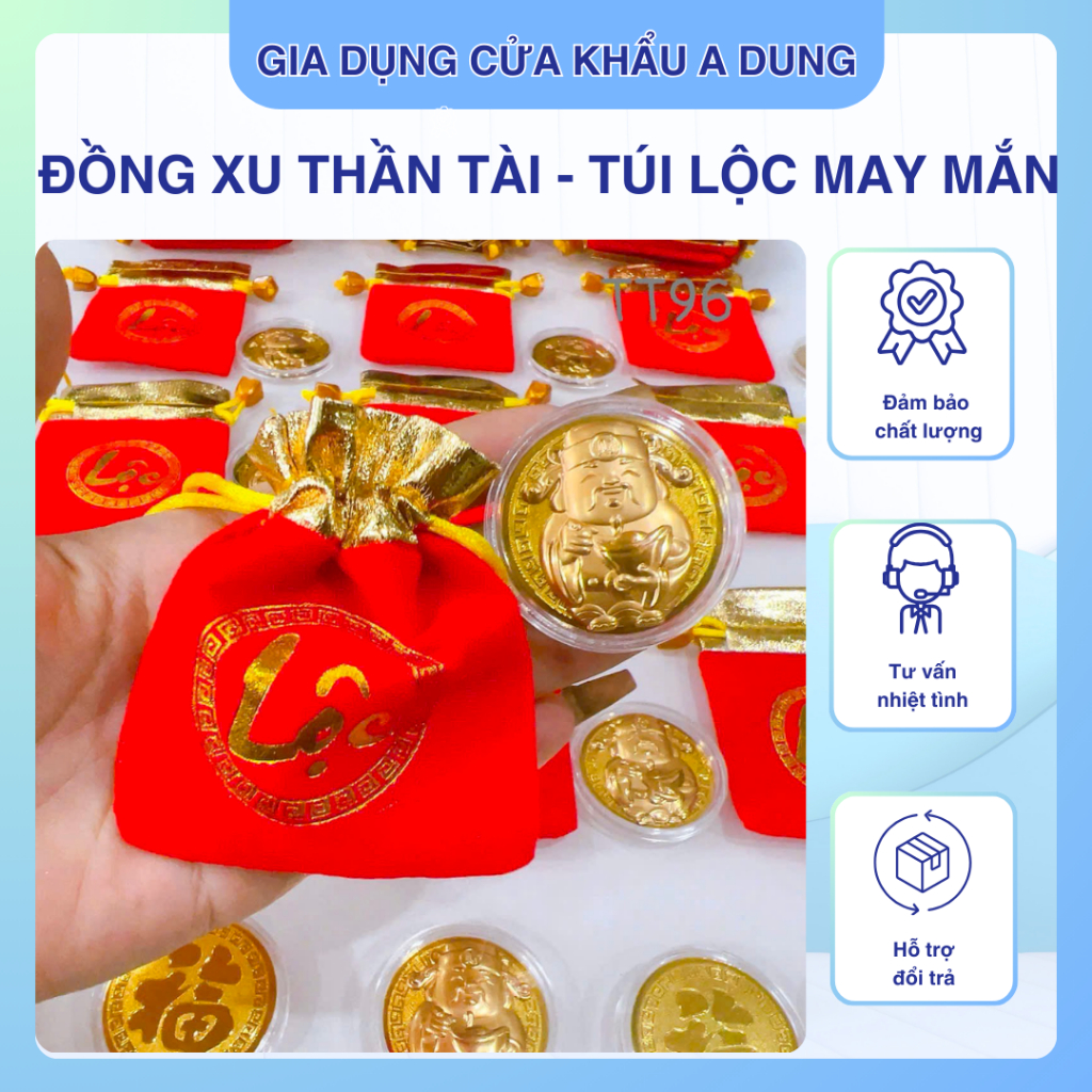 (Vía thần tài, quà tặng) Đồng xu ông thần tài kèm túi lộc đỏ may mắn