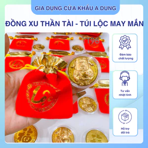 Đồng xu ông thần tài kèm túi lộc đỏ may mắn