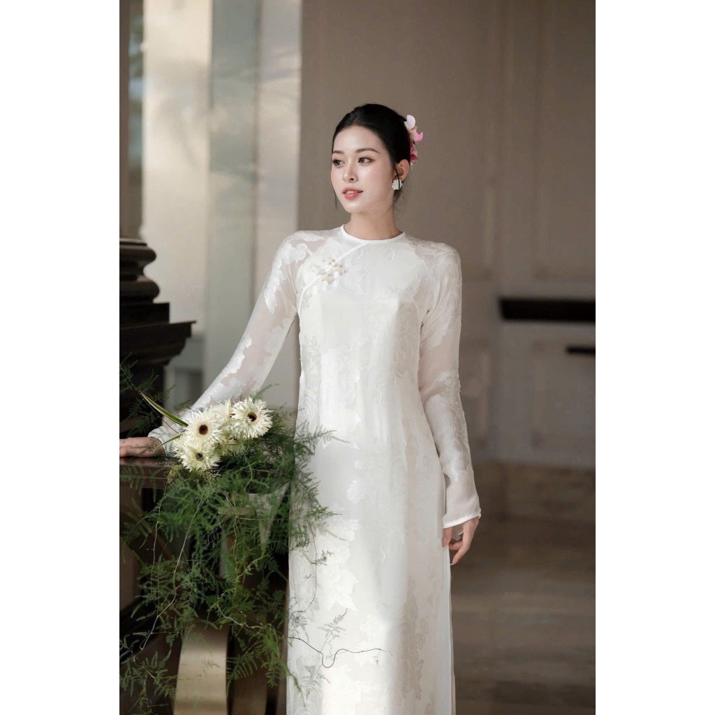 Áo Dài Trắng Dự Tiệc Thiết Kế Cao Cấp Vải Gấm Mềm Mại Cổ Tròn Sang Trọng Áo Dài Đi Tiệc, Ăn Hỏi, Sự KiệnT1583G