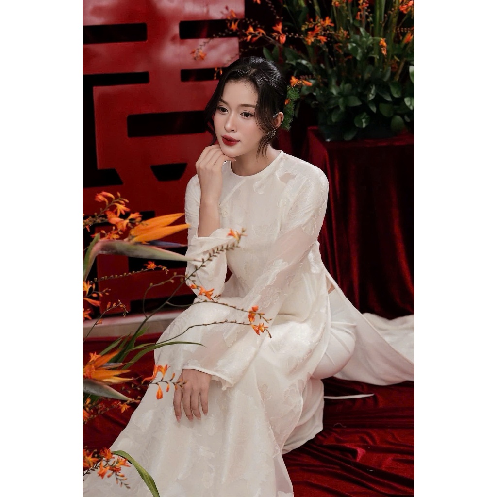 Áo Dài Trắng Dự Tiệc Thiết Kế Cao Cấp Vải Gấm Mềm Mại Cổ Tròn Sang Trọng Áo Dài Đi Tiệc, Ăn Hỏi, Sự KiệnT1583G