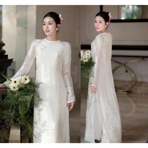 Áo Dài Trắng Dự Tiệc Thiết Kế Cao Cấp Vải Gấm Mềm Mại Cổ Tròn Sang Trọng Áo Dài Đi Tiệc, Ăn Hỏi, Sự KiệnT1583G