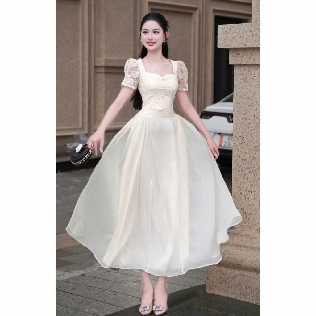 Đầm Váy Dự Tiệc LASY Thời Trang Nữ Dáng Xòe Cổ Vuông Đính Ngọc Tay LửngThanh Lịch