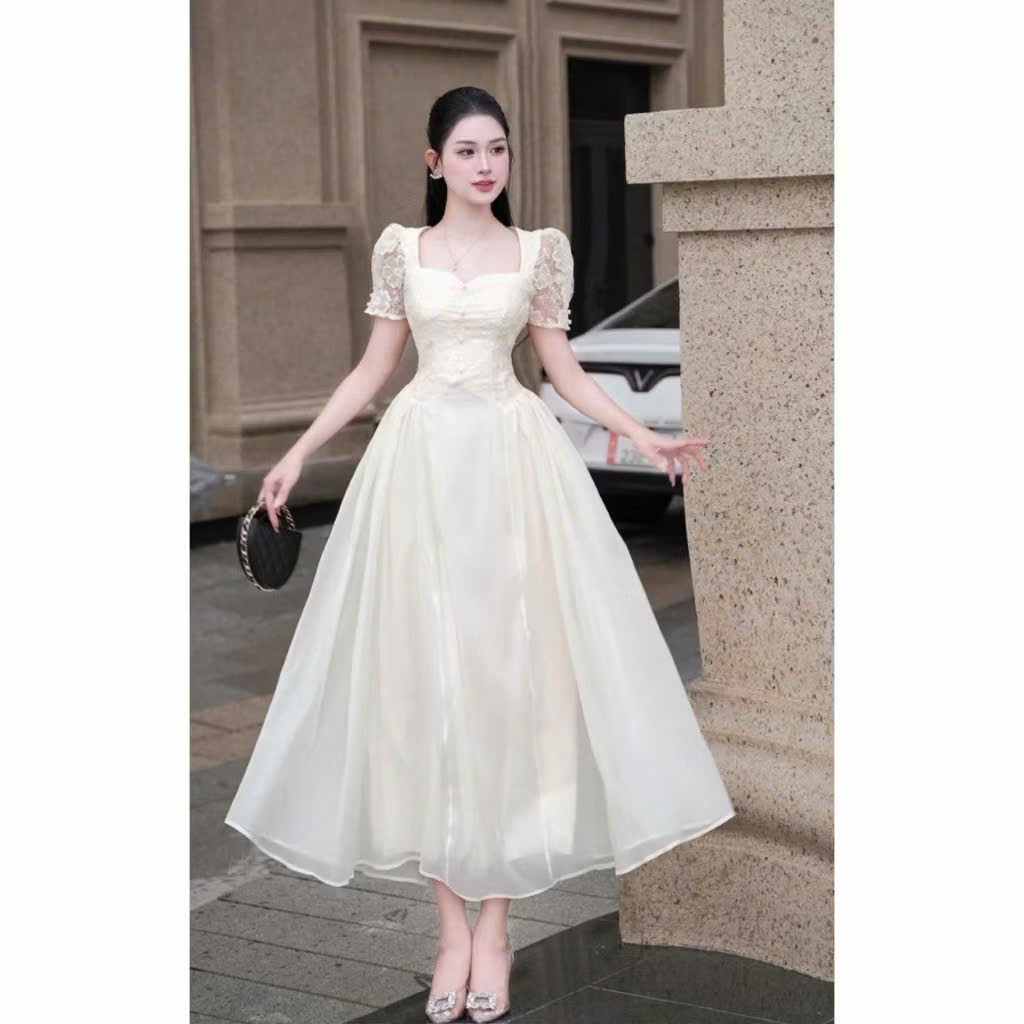 Đầm Váy Dự Tiệc LASY Thời Trang Nữ Dáng Xòe Cổ Vuông Đính Ngọc Tay LửngThanh Lịch