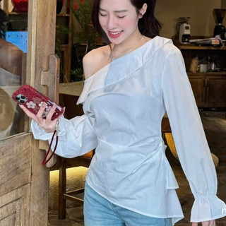 Áo Sơ Mi Lệch Vai Thiết Kế Chiết Eo Vạt Lệch Kiểu Cách Tay Bo
