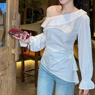 Áo Sơ Mi Lệch Vai Thiết Kế Chiết Eo Vạt Lệch Kiểu Cách Tay Bo