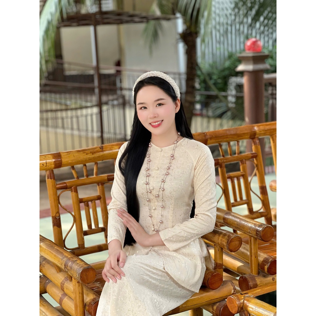 Hân Nguyễn Áo Bà Ba-B.A176-ÁO BÀ BA GẤM DỆT HOA CÚC CAO CẤP NÚT BỌC CỔ TRÒN DÂY KÉO TAY DÀI (QUẦN NGỌC TRAI)