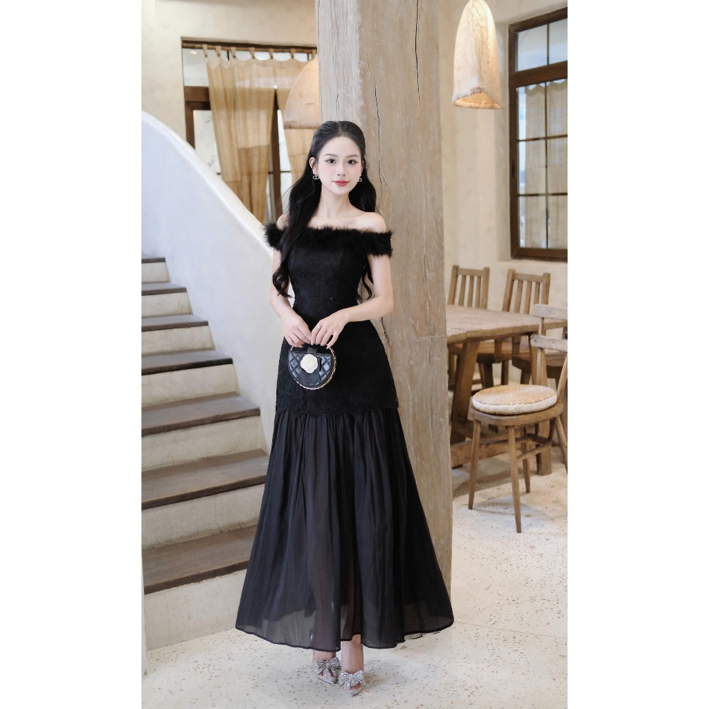 LASY Thời Trang Nữ| Đầm Dự Tiệc Trễ Vai Đính Lông Vũ -  Váy Đầm Đi Tiệc Đi Chơi