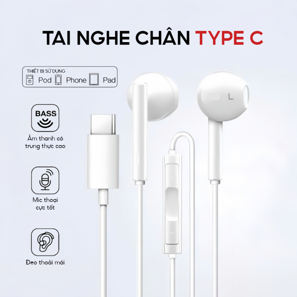 Tai Nghe Nhét Tai Chân Type-C Có Mic Đàm Thoại, Âm Thanh Chất Lượng - Cho IP 15/16/17/Plus/Pro/Max/Samsung