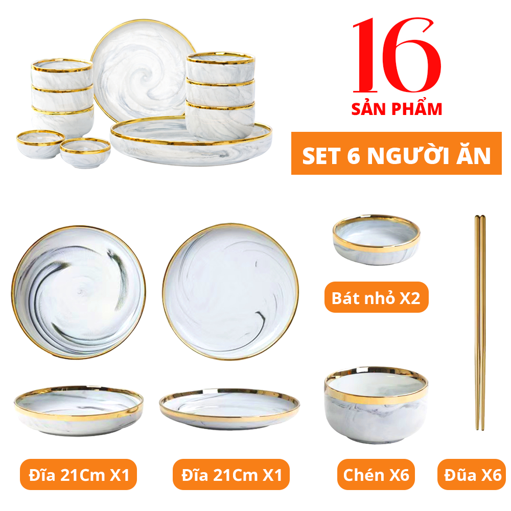 [FULL PHỤ KIỆN] Bộ Chén Đĩa Sứ 16 Món Viền Vàng Cao Cấp Cho 6 Người Ăn Dùng Gia Đình, Tiệc, Tặng Quà – An Toàn Vi Sóng