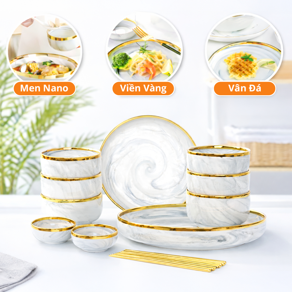 [FULL PHỤ KIỆN] Bộ Chén Đĩa Sứ 16 Món Viền Vàng Cao Cấp Cho 6 Người Ăn Dùng Gia Đình, Tiệc, Tặng Quà – An Toàn Vi Sóng